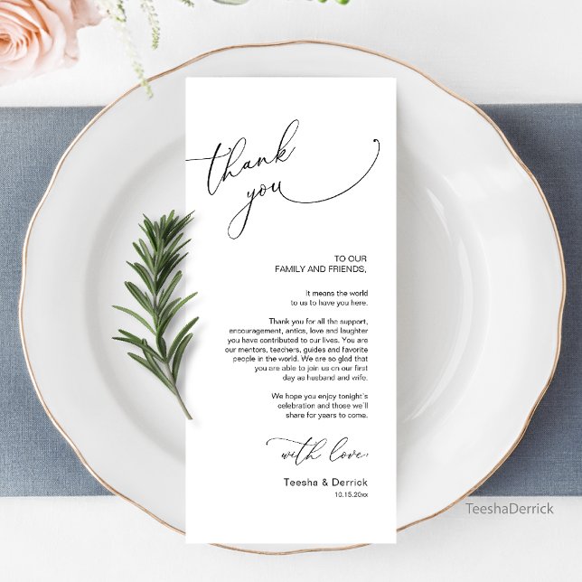 Tarjeta de agradecimiento por la configuración del (Modern Romantic Wedding Dinner Place Setting Thank You Card, Plate Decoration)