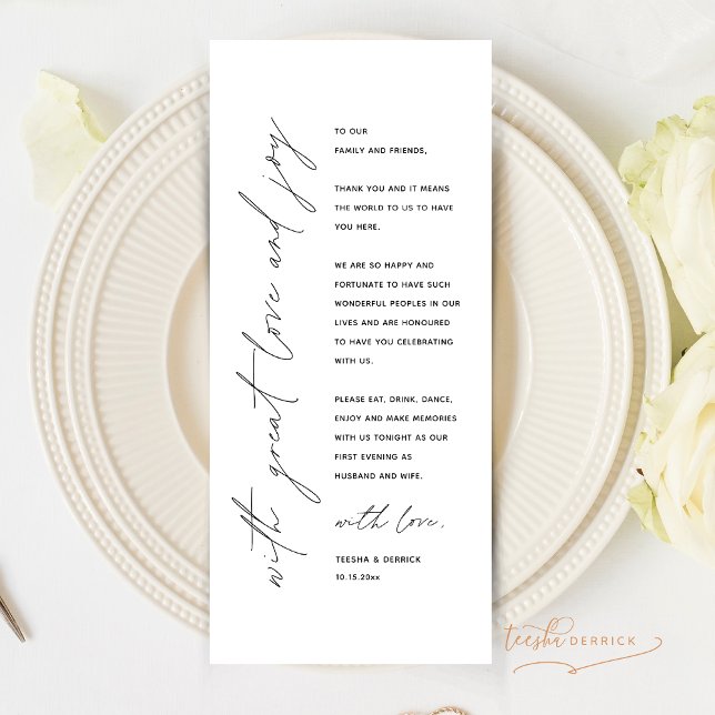 Tarjeta de agradecimiento por la configuración del (With Great and Joy, Minimalist Modern Minimal Wedding Dinner Place Setting Thank You Card)