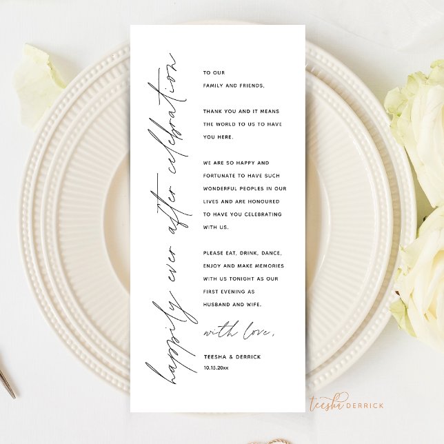Tarjeta de agradecimiento por la configuración del (Happily Ever After, Wedding Place Setting Thank You Card, Elopement Dinner Celebration)