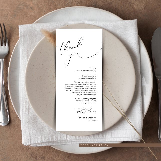 Tarjeta de agradecimiento por la configuración del (Wedding Place Setting Thank You Card. in Modern Wedding Dinner Or Brunch, Romantic Script Design)
