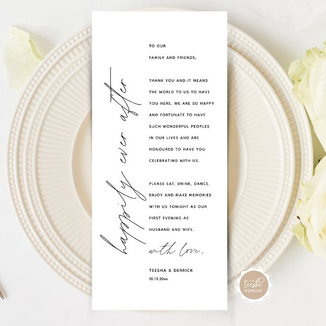 Tarjeta de agradecimiento por la configuración del (Wedding Happily Ever After Dinner Place Setting Thank You Card, in Modern Minimalist Script Themed)