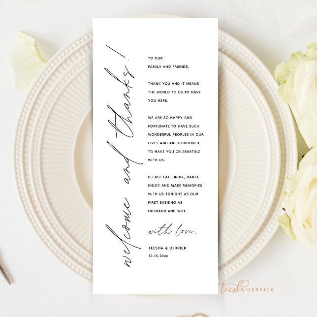 Tarjeta de agradecimiento por la configuración del (Welcome and Thanks, Wedding Place Setting Thank You Card, Elopement Dinner, Modern Minimal theme)