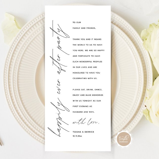 Tarjeta de agradecimiento por la configuración del (Wedding Happily Ever After Dinner Party Place Setting Thank You Card, in Modern Minimalist Script)