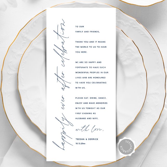 Tarjeta de agradecimiento por la configuración del (Happily Ever After, Wedding Place Setting Thank You Card, Elopement Dinner Celebration, Navy Blue)