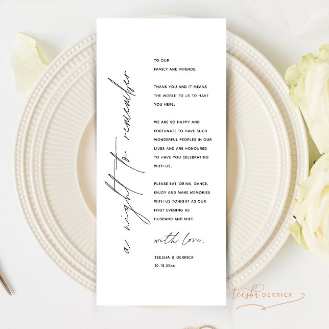 Tarjeta de agradecimiento por la configuración del (A night to remember, Modern Minimalist Wedding Dinner Place Setting Thank You Card)
