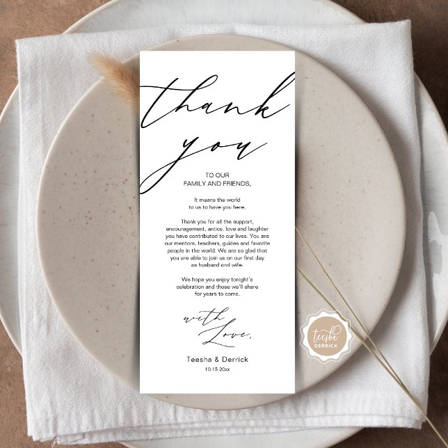 Tarjeta de agradecimiento por la configuración del (Wedding Dinner Place Setting Thank You Card, Plate Decor, in Modern Gentle Script, Black themed.)
