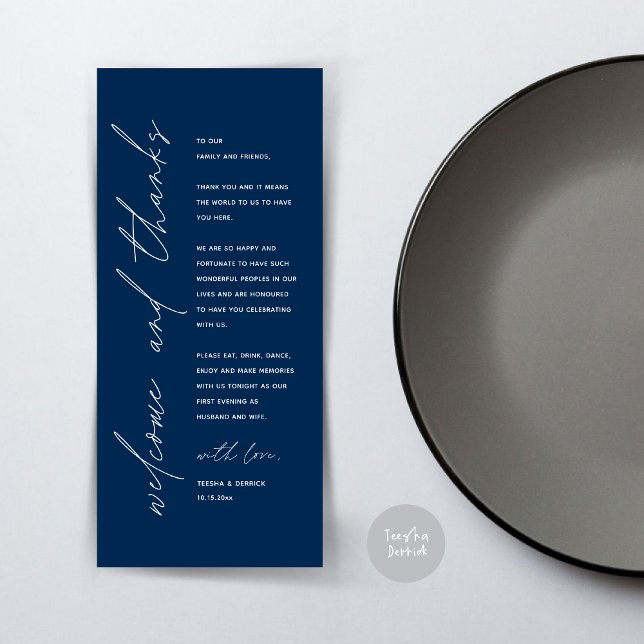 Tarjeta de agradecimiento por la configuración del (Wedding Dinner Place Setting Thank You Card, Modern Minimalist, in Navy blue)