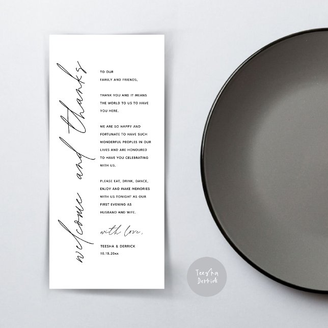 Tarjeta de agradecimiento por la configuración del (Wedding Dinner Place Setting Thank You Card, Modern Minimalist, in Black and White)