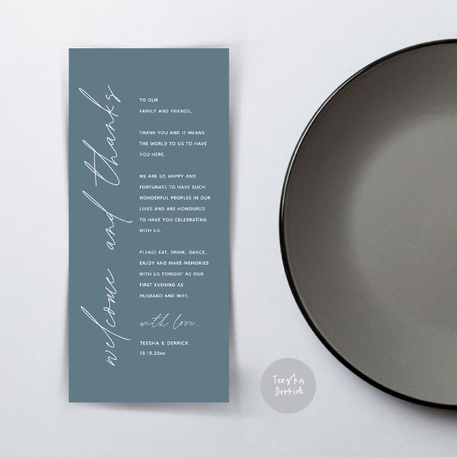Tarjeta de agradecimiento por la configuración del (Wedding Dinner Place Setting Thank You Card, Modern Minimalist, in Dusty Blue)