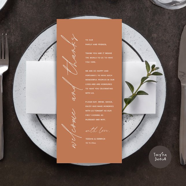 Tarjeta de agradecimiento por la configuración del (Wedding Dinner Place Setting Thank You Card, Modern Minimalist, in Copper Rust)