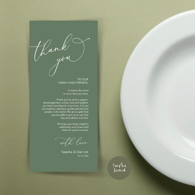 Tarjeta de agradecimiento por la configuración del (Wedding Dinner Place Setting Thank You Card, in Modern Minimalist theme, Forest Sage Green)