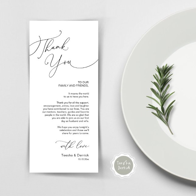 Tarjeta de agradecimiento por la configuración del (Place Setting Thank You Card, Modern Romantic, Wedding Dinner, Lunch, Brunch in Black and White)
