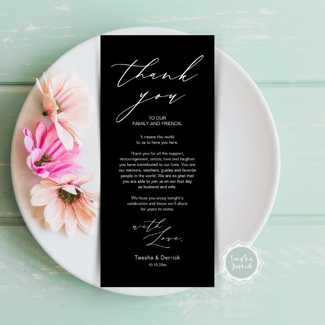 Tarjeta de agradecimiento por la configuración del (Wedding Brunch, Lunch, Dinner Place Setting Thank You Card, Modern Minimalist Script, Classy Black)