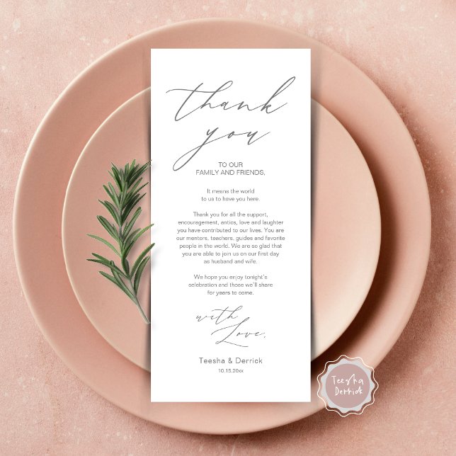 Tarjeta de agradecimiento por la configuración del (Wedding Brunch, Lunch, Dinner Place Setting Thank You Card, Modern Minimalist Script, Dark Grey)