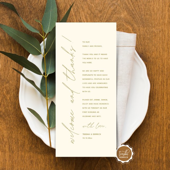 Tarjeta de agradecimiento por la configuración del (Minimalist Wedding Place Setting Thank You Card, for dinner, brunch, lunch party, in classy gold)