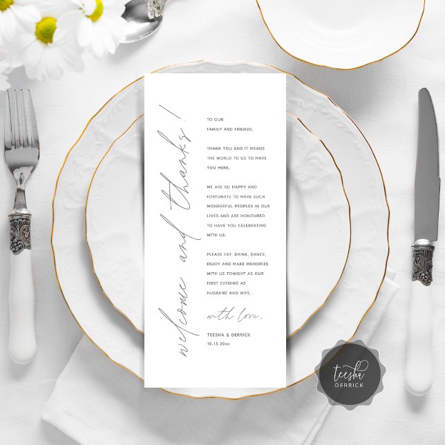 Tarjeta de agradecimiento por la configuración del (Minimalist Wedding Place Setting Thank You Card, for dinner, brunch, lunch party, in dark grey)