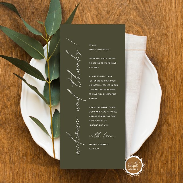 Tarjeta de agradecimiento por la configuración del (Minimalist Wedding Place Setting Thank You Card, for dinner, brunch, lunch party, in olive green)