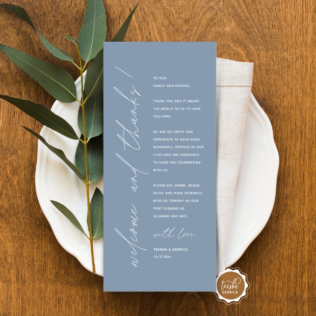 Tarjeta de agradecimiento por la configuración del (Minimalist Wedding Place Setting Thank You Card, for dinner, brunch, lunch party, in dusty blue)