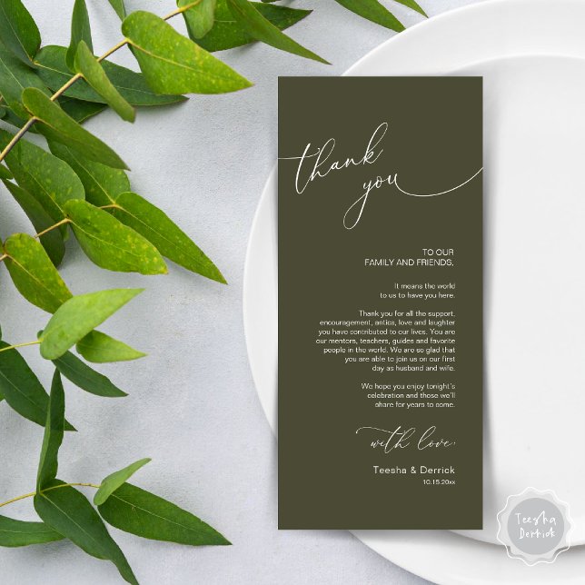 Tarjeta de agradecimiento por la configuración del (Wedding Dinner Place Setting Thank You Card, Modern Minimalist Romantic Script, in Olive Green)