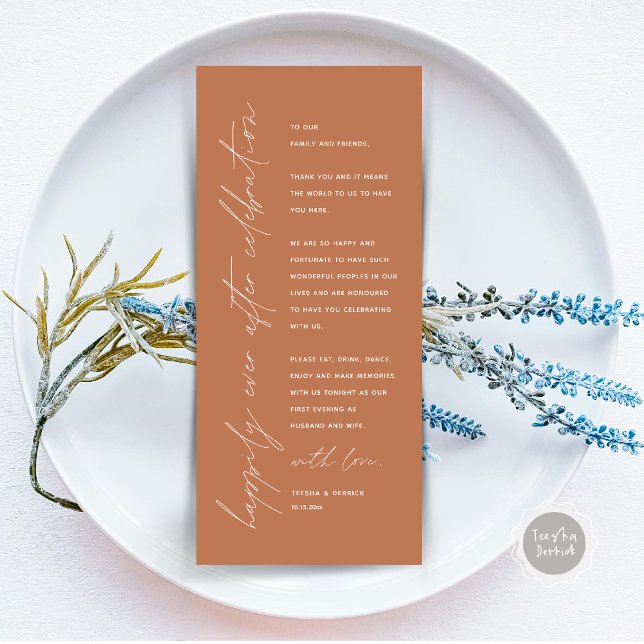 Tarjeta de agradecimiento por la configuración del (Happily Ever After Celebration, Wedding Place Setting Thank You Card, Minimalist, Copper Rust Brown)