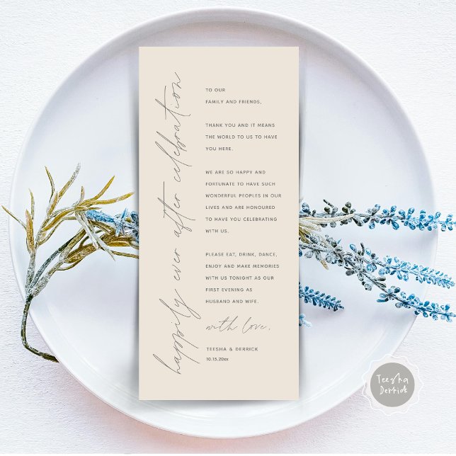Tarjeta de agradecimiento por la configuración del (Happily Ever After Celebration, Wedding Place Setting Thank You Card, Minimalist, Dark Grey Cream)