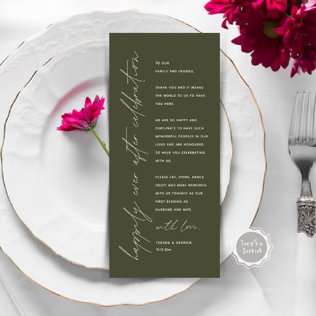 Tarjeta de agradecimiento por la configuración del (Happily Ever After Celebration, Wedding Place Setting Thank You Card, Minimalist, Olive Green)