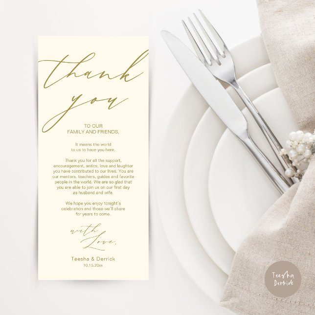 Tarjeta de agradecimiento por la configuración del (Modern Minimalist Wedding Dinner Place Setting Thank You Card in aesthetic yellow gold)