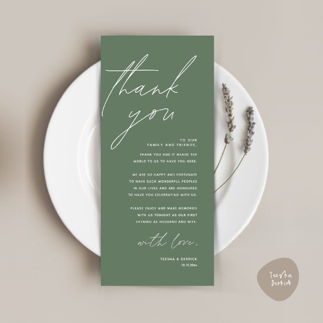 Tarjeta de agradecimiento por la configuración del (Wedding Place Setting Thank You Card, Modern Minimalist in Forest Sage Green)