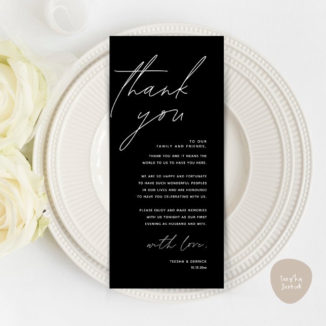 Tarjeta de agradecimiento por la configuración del (Wedding Place Setting Thank You Card, Modern Minimalist in Classy Black)