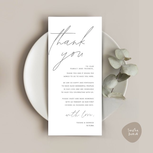 Tarjeta de agradecimiento por la configuración del (Wedding Place Setting Thank You Card, Modern Minimalist in Dark Grey)