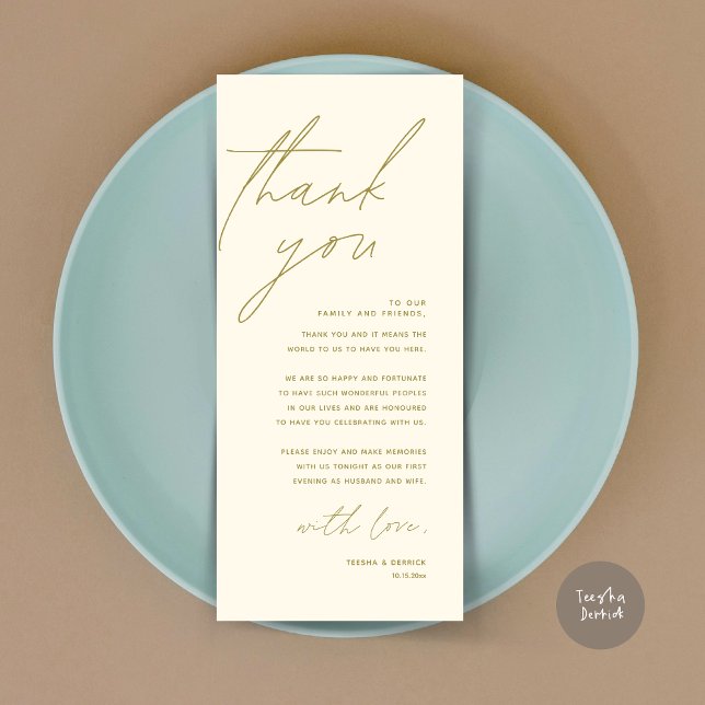 Tarjeta de agradecimiento por la configuración del (Wedding Place Setting Thank You Card, Modern Minimalist in Yellow Gold)