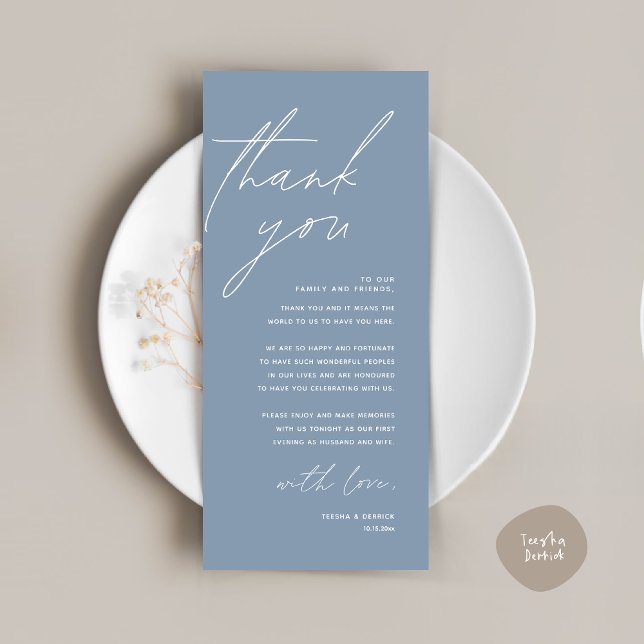 Tarjeta de agradecimiento por la configuración del (Wedding Place Setting Thank You Card, Modern Minimalist in Dusty Blue)