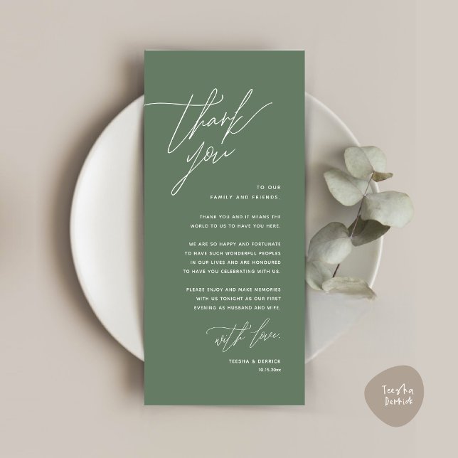 Tarjeta de agradecimiento por la configuración del (Romantic Minimalist Wedding Dinner Place Setting Thank You Card, in Forest Sage Green summer)