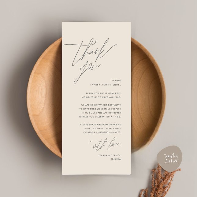 Tarjeta de agradecimiento por la configuración del (Romantic Minimalist Wedding Dinner Place Setting Thank You Card, in Summer Cream Grey)