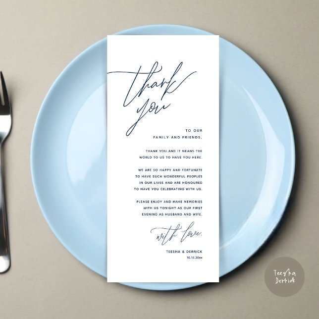 Tarjeta de agradecimiento por la configuración del (Romantic Minimalist Wedding Dinner Place Setting Thank You Card, in Navy Blue)
