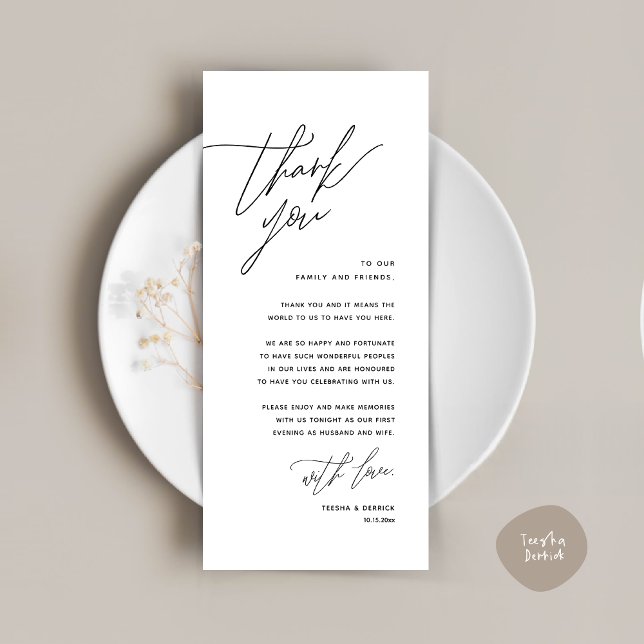Tarjeta de agradecimiento por la configuración del (Romantic Minimalist Wedding Dinner Place Setting Thank You Card, in White Black)