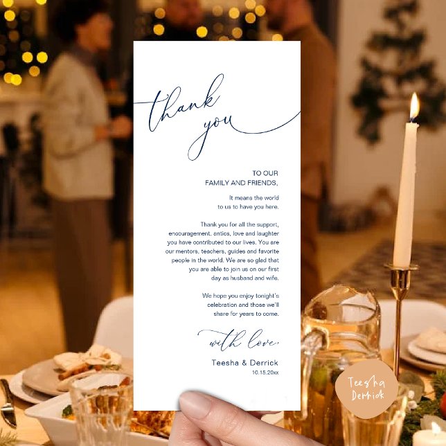 Tarjeta de agradecimiento por la configuración del (Romantic Wedding Dinner Lunch Brunch Party Place Setting Thank You Card in Classy Navy Blue)