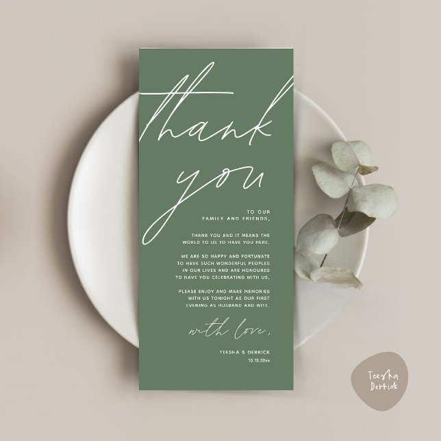 Tarjeta de agradecimiento por la configuración del (Wedding Place Setting Thank You Card, Modern Minimalist Clean, Forest Sage Green)