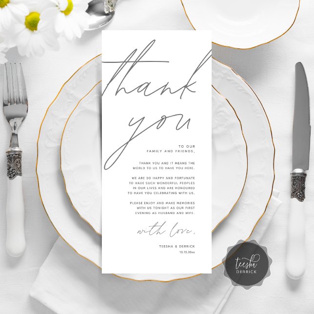 Tarjeta de agradecimiento por la configuración del (Wedding Place Setting Thank You Card, Modern Minimalist Clean, Dark Grey)