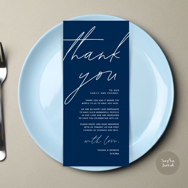 Tarjeta de agradecimiento por la configuración del (Wedding Place Setting Thank You Card, Modern Minimalist Clean, Navy Blue)