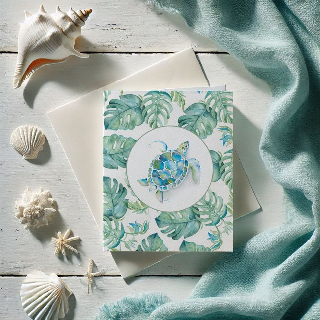 Tarjeta de agradecimiento por las hojas de la tort (Sea turtle and monstera leaf notecards watercolor art by Victoria Grigaliunas of Do Tell A Belle)
