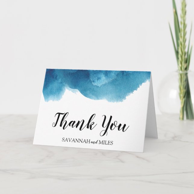 Tarjeta de agradecimiento por lavado azul acuarela (Anverso)