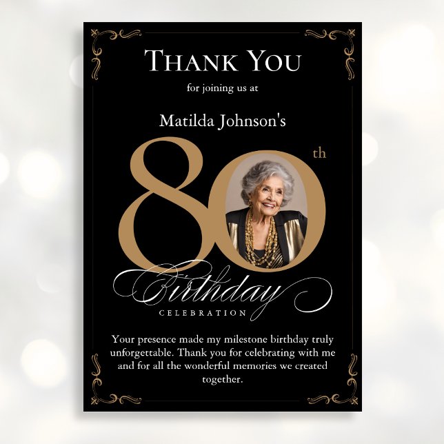 Tarjeta de agradecimiento por oro negro 80th Birth (Mockup View)