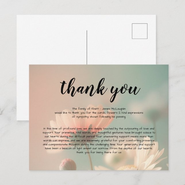 Tarjeta de agradecimiento por simpatía funeral (Anverso / Reverso)