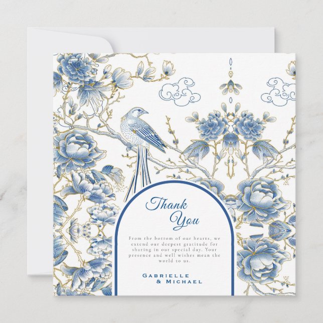Tarjeta De Agradecimiento Porcelana Delft Blue Floral Chinoiserie para Boda (Anverso)