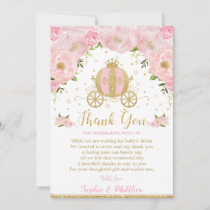 Tarjeta De Agradecimiento Porte de calabaza Baby Shower Princesa Floral Rosa