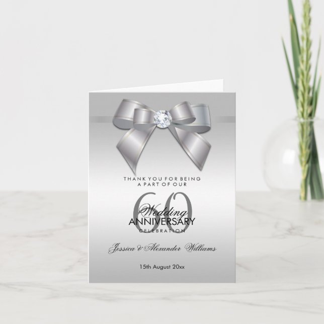 Tarjeta De Agradecimiento Posh Gem Bow y Ribbon 60° Aniversario Boda (Anverso)