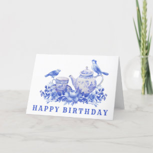 Tarjeta De Agradecimiento Pota de té azul y blanco con pájaros   Cumpleaños