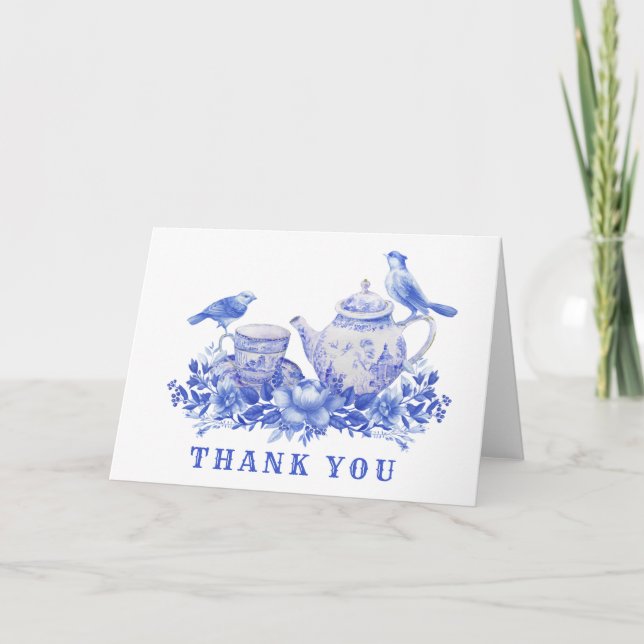 Tarjeta De Agradecimiento Pota de té azul y blanco con pájaros | Gracias (Anverso)