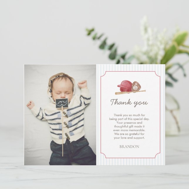 Tarjeta De Agradecimiento Preppy Baseball First Birthday Elegant (Anverso de pie)